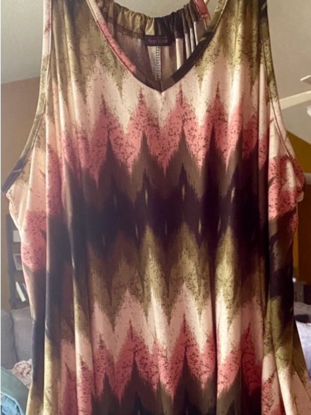 First Love Pink and Olive Chevron Cold-Shoulder Tank